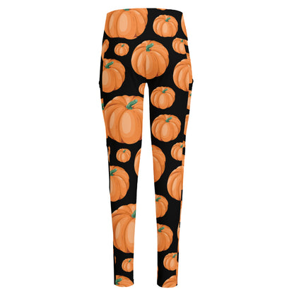 Orange Pumpkin Pattern Print High-Waisted Pocket Leggings