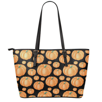 Orange Pumpkin Pattern Print Leather Tote Bag