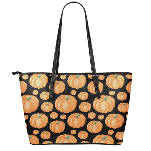 Orange Pumpkin Pattern Print Leather Tote Bag