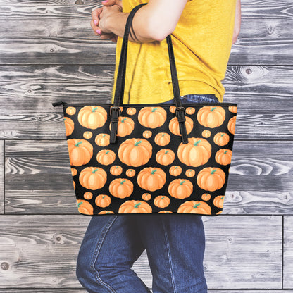 Orange Pumpkin Pattern Print Leather Tote Bag