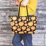 Orange Pumpkin Pattern Print Leather Tote Bag