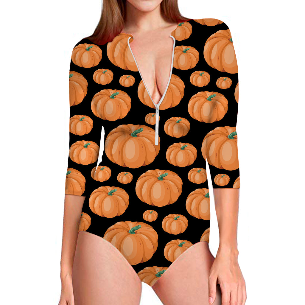 Orange Pumpkin Pattern Print Long Sleeve Swimsuit