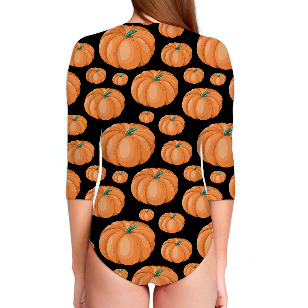 Orange Pumpkin Pattern Print Long Sleeve Swimsuit