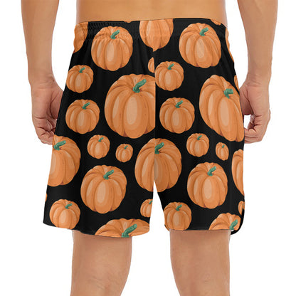 Orange Pumpkin Pattern Print Men's Split Running Shorts