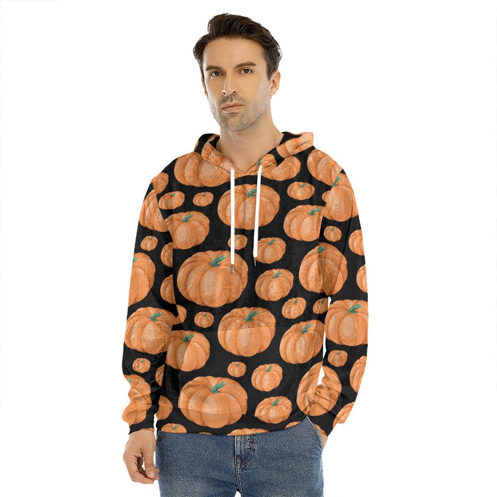 Orange Pumpkin Pattern Print Men's Velvet Pullover Hoodie