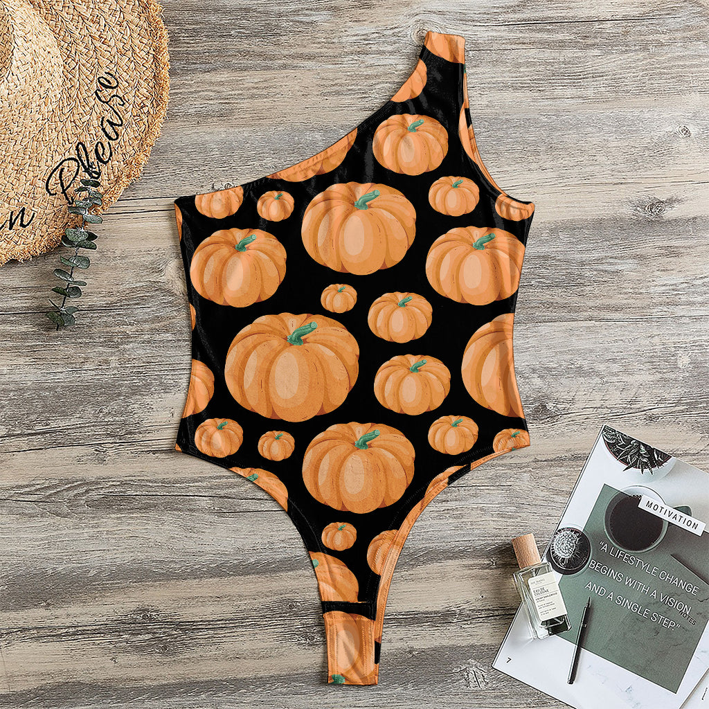 Orange Pumpkin Pattern Print One Shoulder Bodysuit