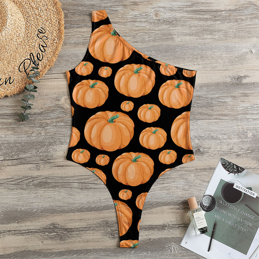 Orange Pumpkin Pattern Print One Shoulder Bodysuit