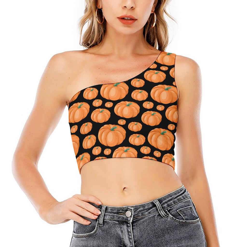 Orange Pumpkin Pattern Print One Shoulder Crop Top