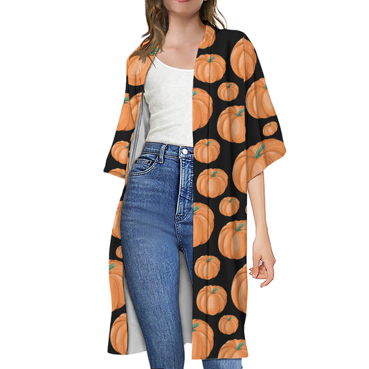 Orange Pumpkin Pattern Print Open Front Beach Cover Up