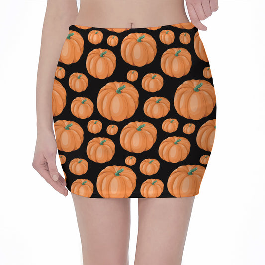 Orange Pumpkin Pattern Print Pencil Mini Skirt