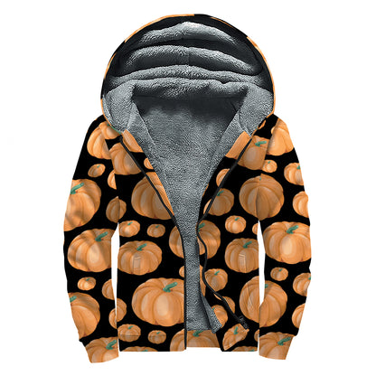 Orange Pumpkin Pattern Print Sherpa Lined Zip Up Hoodie
