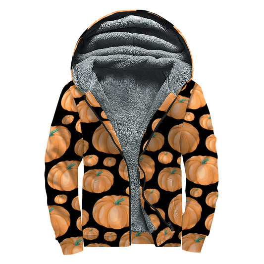 Orange Pumpkin Pattern Print Sherpa Lined Zip Up Hoodie