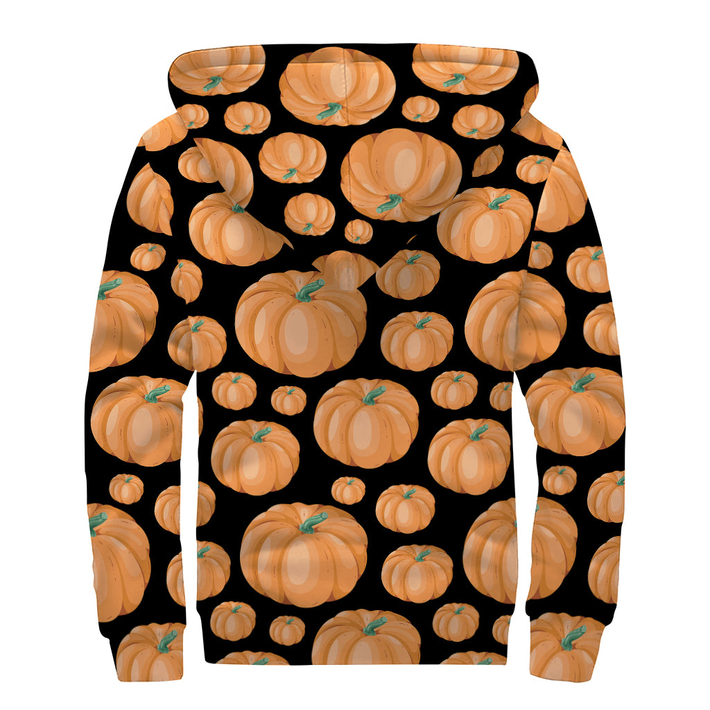 Orange Pumpkin Pattern Print Sherpa Lined Zip Up Hoodie