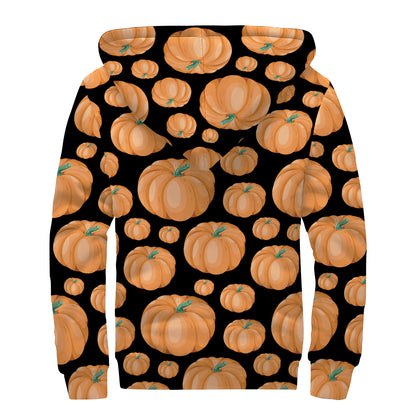Orange Pumpkin Pattern Print Sherpa Lined Zip Up Hoodie