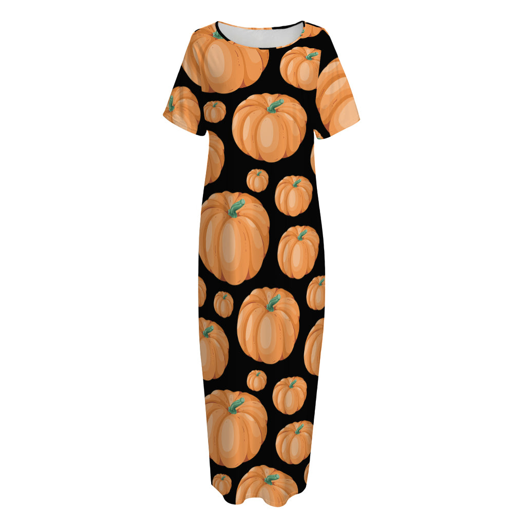 Orange Pumpkin Pattern Print Short Sleeve Long Nightdress