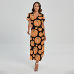 Orange Pumpkin Pattern Print Short Sleeve Maxi Dress