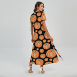 Orange Pumpkin Pattern Print Short Sleeve Maxi Dress