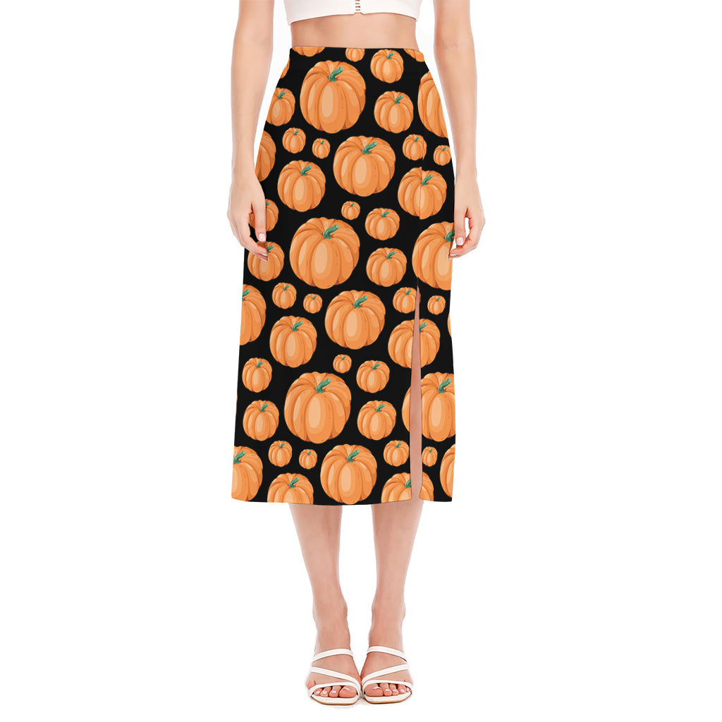 Orange Pumpkin Pattern Print Side Slit Midi Skirt