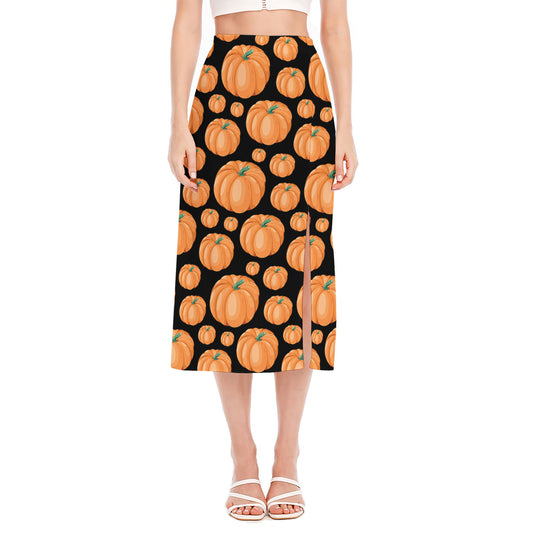 Orange Pumpkin Pattern Print Side Slit Midi Skirt