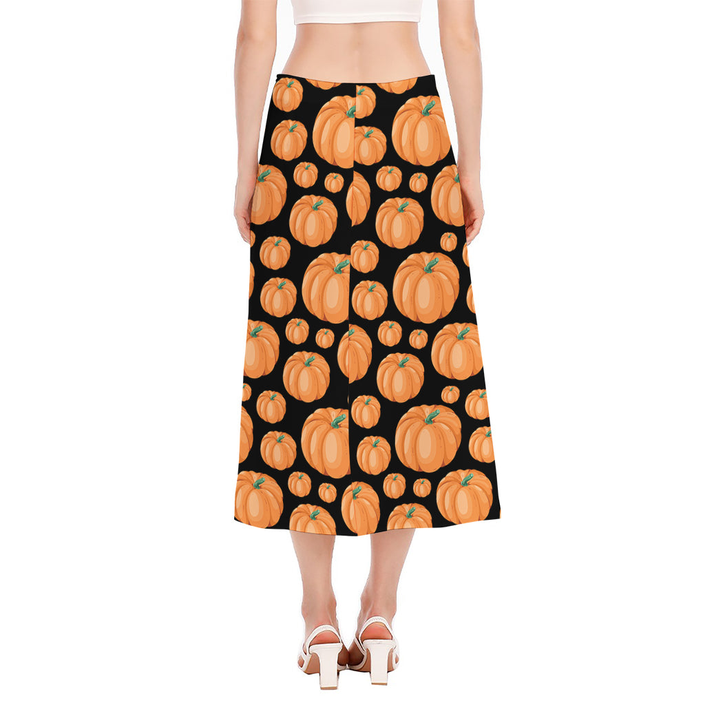 Orange Pumpkin Pattern Print Side Slit Midi Skirt