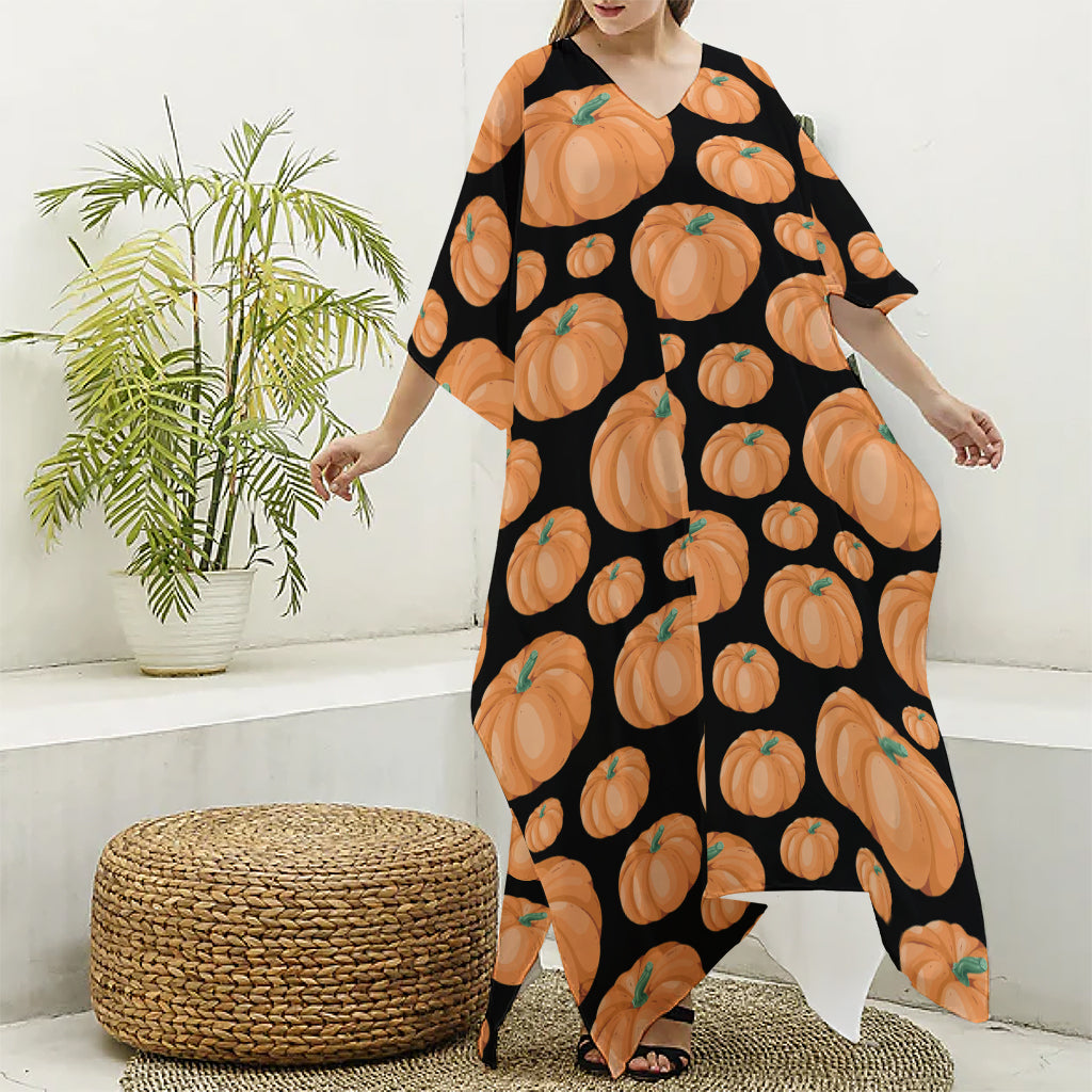 Orange Pumpkin Pattern Print Silk V-Neck Kaftan Dress