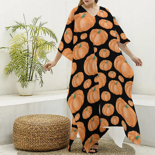 Orange Pumpkin Pattern Print Silk V-Neck Kaftan Dress
