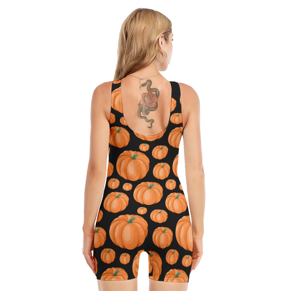 Orange Pumpkin Pattern Print Sleeveless One Piece Swimsuit