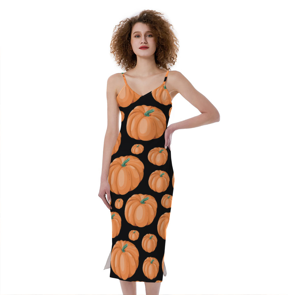 Orange Pumpkin Pattern Print Slim Fit Midi Cami Dress