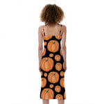 Orange Pumpkin Pattern Print Slim Fit Midi Cami Dress