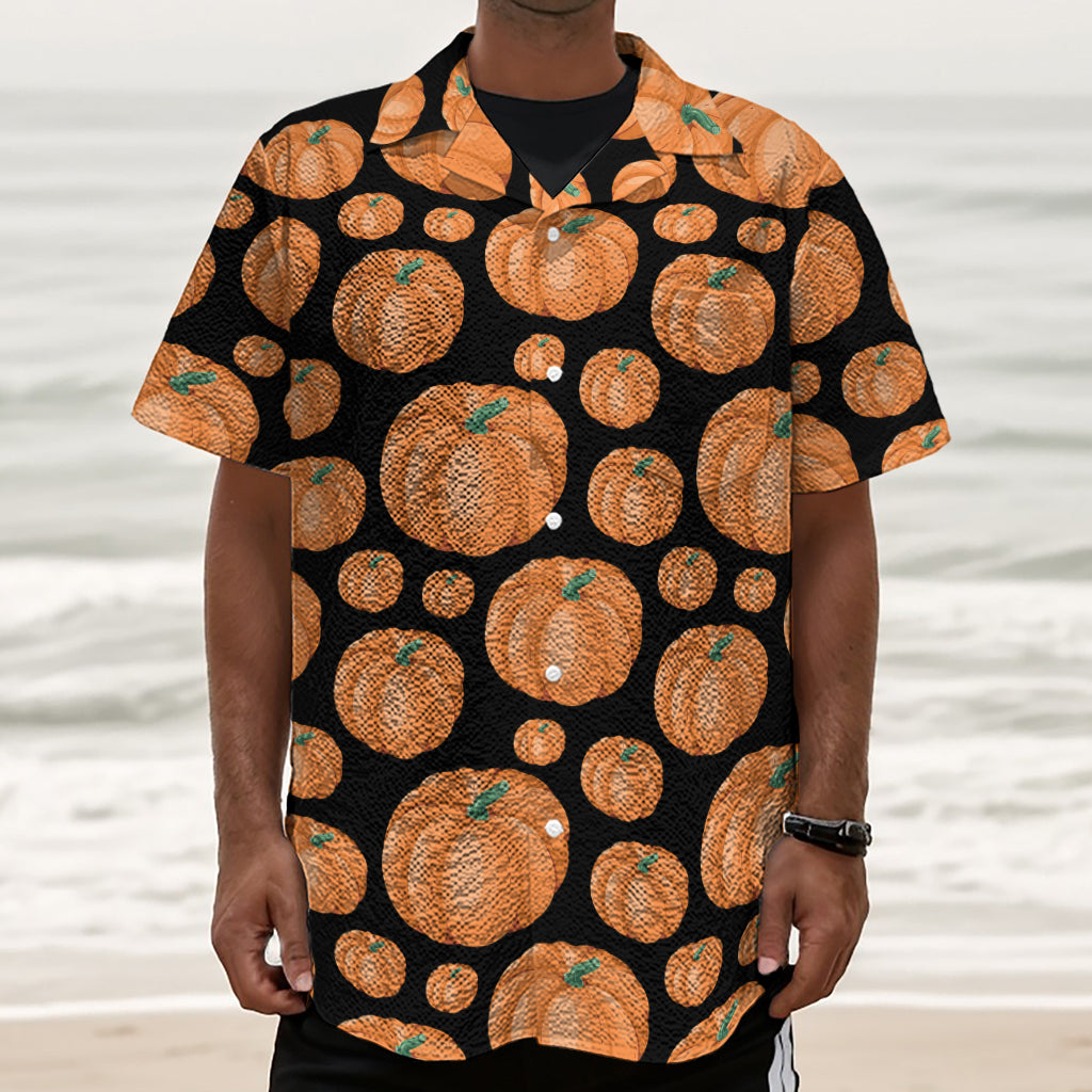 Orange Pumpkin Pattern Print Textured Short Sleeve Shirt