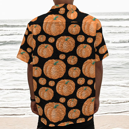 Orange Pumpkin Pattern Print Textured Short Sleeve Shirt