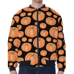 Orange Pumpkin Pattern Print Zip Sleeve Bomber Jacket