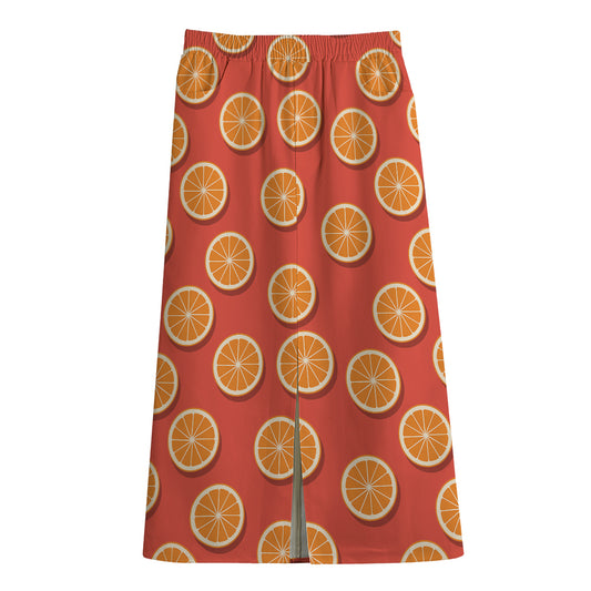 Orange Slices Pattern Print Cotton Front Slit Maxi Skirt