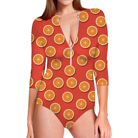 Orange Slices Pattern Print Long Sleeve Swimsuit