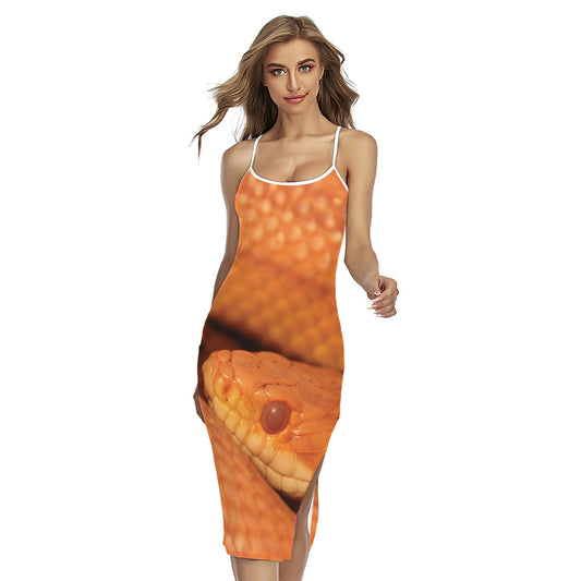 Orange Snake Print Cross Back Cami Dress