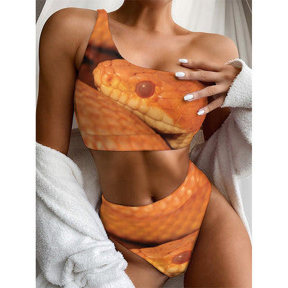 Orange Snake Print One Shoulder Bikini Top