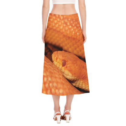 Orange Snake Print Side Slit Midi Skirt