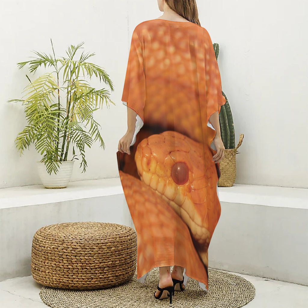 Orange Snake Print Silk V-Neck Kaftan Dress