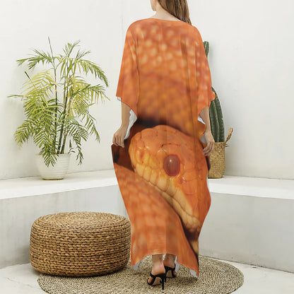 Orange Snake Print Silk V-Neck Kaftan Dress
