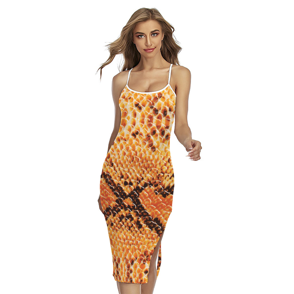 Orange Snakeskin Print Cross Back Cami Dress