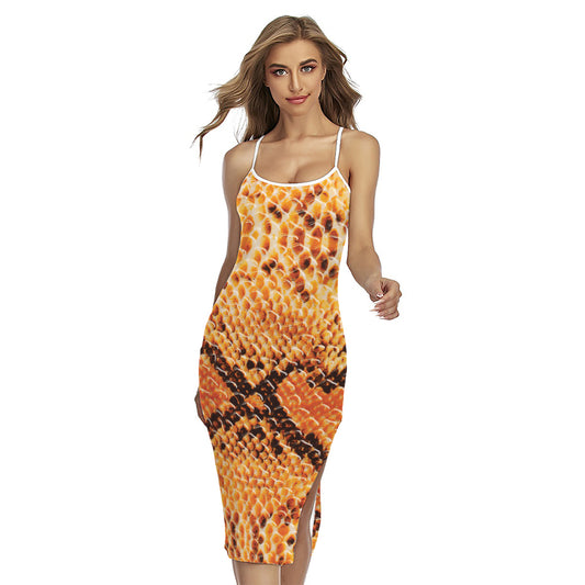 Orange Snakeskin Print Cross Back Cami Dress