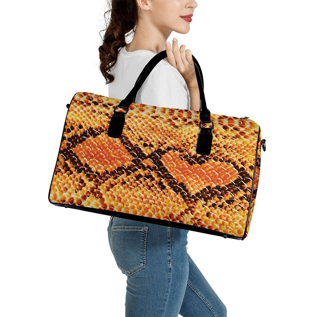 Orange Snakeskin Print Leather Duffle Bag