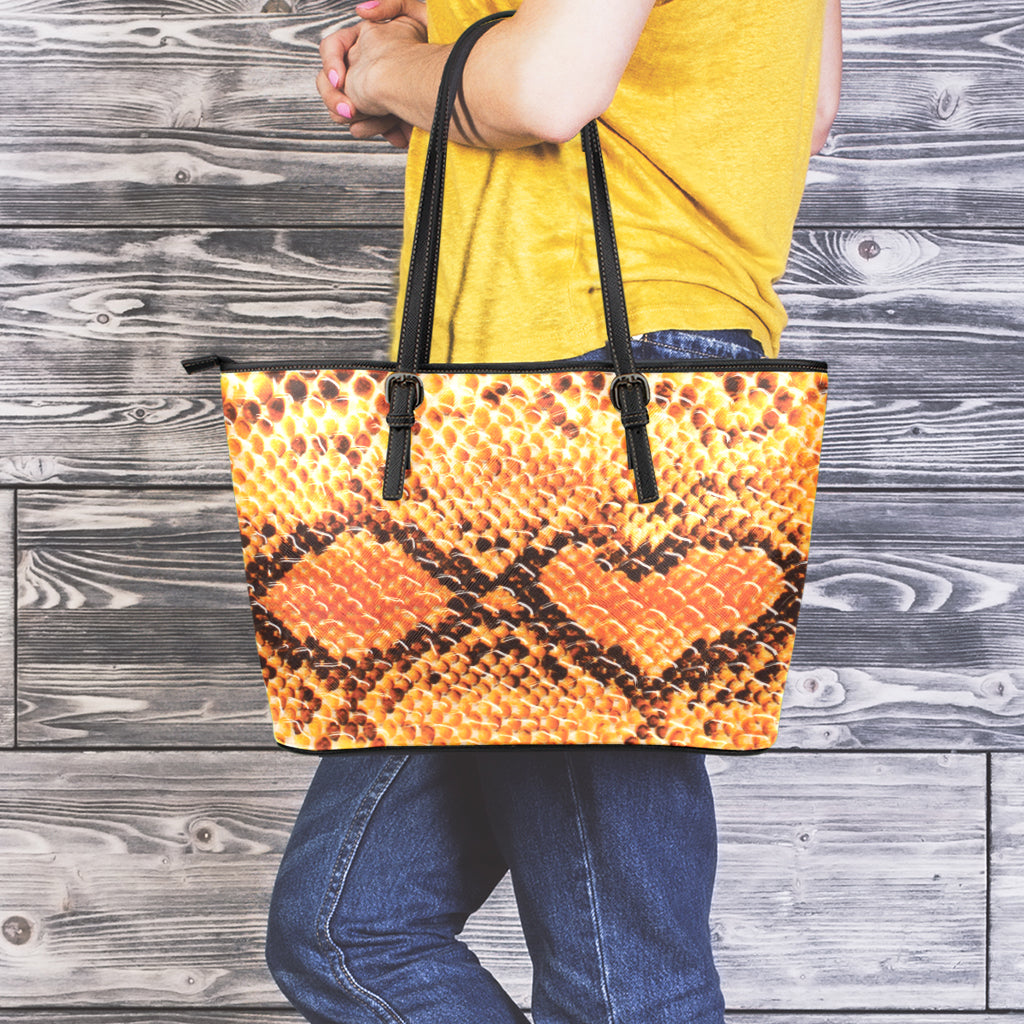 Orange Snakeskin Print Leather Tote Bag