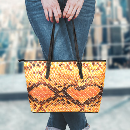 Orange Snakeskin Print Leather Tote Bag