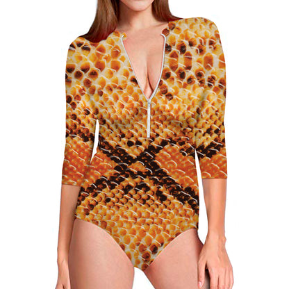 Orange Snakeskin Print Long Sleeve Swimsuit