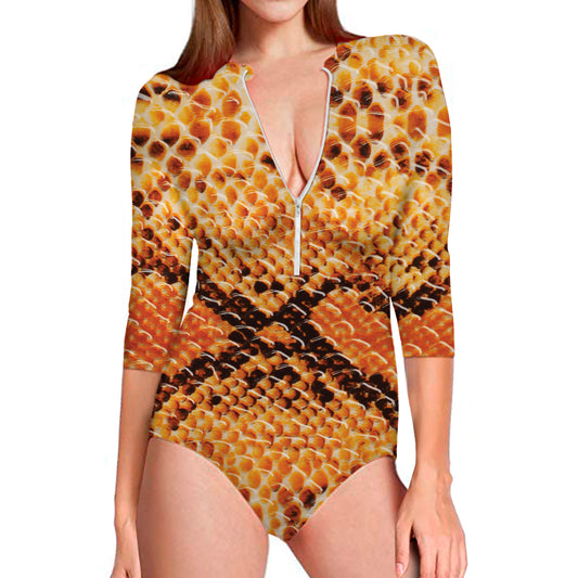 Orange Snakeskin Print Long Sleeve Swimsuit