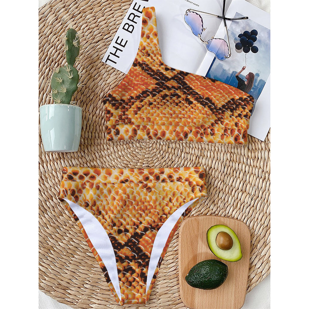 Orange Snakeskin Print One Shoulder Bikini Top