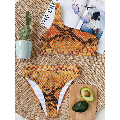 Orange Snakeskin Print One Shoulder Bikini Top