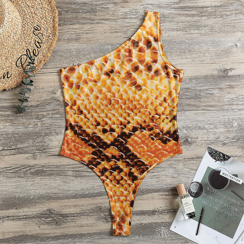Orange Snakeskin Print One Shoulder Bodysuit