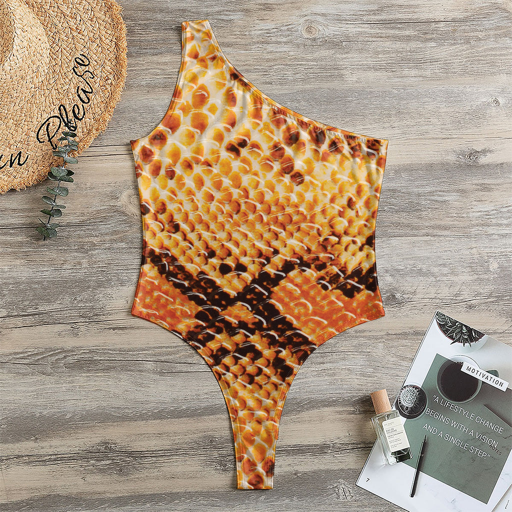 Orange Snakeskin Print One Shoulder Bodysuit